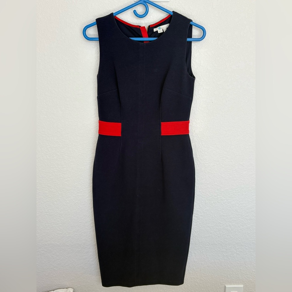 Boden Navy Midi Sheath Dress with Orange Waist Detail. Women’s 6